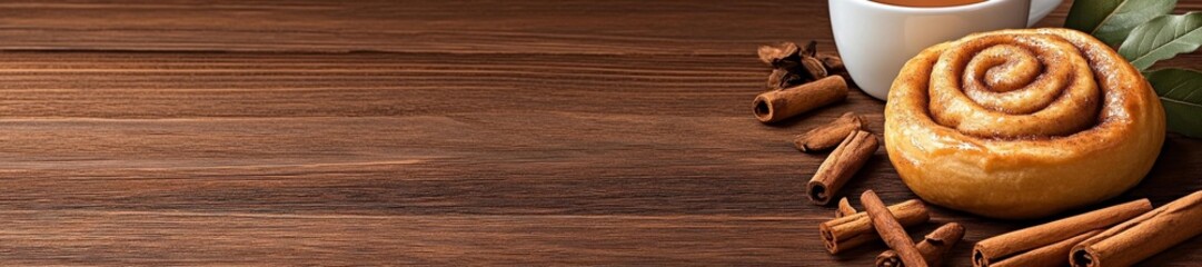 Fototapeta premium Delicious Cinnamon Bun with Hot Drink on a Rustic Wooden Table. Generative AI