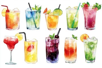 Colorful collection of refreshing summer cocktails.  Vibrant array of mixed drinks, including margaritas, daiquiris, and other fruity concoctions.  Perfect for a party or social gathering