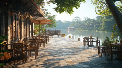 A tranquil patio setting with tables and chairs overlooking a peaceful riverside cafe in vietnam with traditional decor