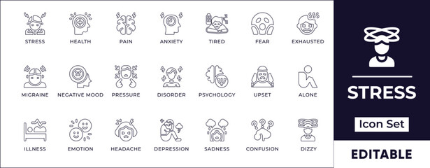 Minimalistic line icon set representing stress, anxiety, burnout, mental overload, meditation, work pressure, emotional health, and psychological well-being.