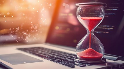 Red hourglass placed on a laptop keyboard symbolizing critical time management, productivity, deadline pressure, urgency, and efficiency in digital work and business environments