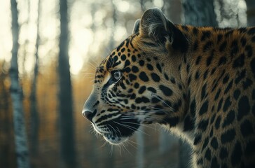 Obraz premium Majestic Leopard Staring Intently into the Distance Surrounded by Forest with Soft Evening Light Highlighting Its Beautiful Fur Patterns