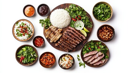 Traditional vietnamese family meal featuring a variety of dishes served on a white background with rice and grilled items