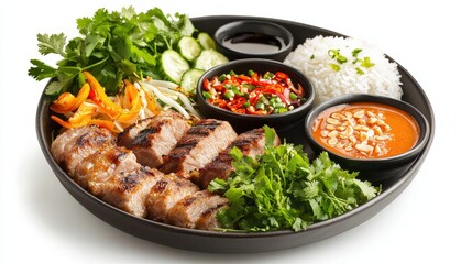 Flavorful plate of traditional vietnamese meal featuring grilled meat and fresh vegetables served with rice for family dinner