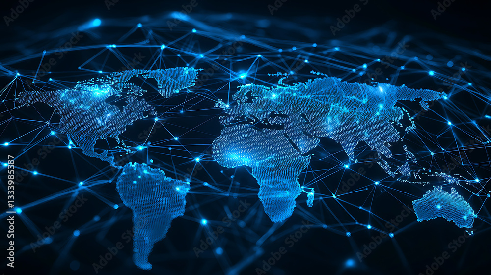 Poster exploring global connectivity through digital networks world map visualization infographic technolog
