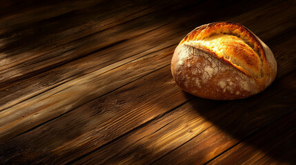 Artisan sourdough bread on wooden surface for culinary design and baking inspiration