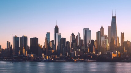 Obraz premium The image captures a panoramic city skyline during golden hour, featuring skyscrapers, high-rise buildings, and iconic towers. The urban ambiance is majestic, reflecting the vibrant energy of a bustli