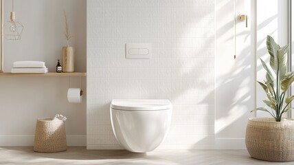 Fototapeta premium Modern minimalist white bathroom interior with hanging sunlight and toilet shining through window