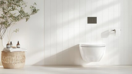 Fototapeta premium Modern hanging white bathroom interior with minimalist toilet and sunlight shining through window