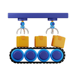 Robotic arms moving boxes on conveyor belt in transparent background