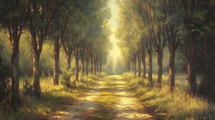 Fototapeta premium Sunlit Pathway Through a Tranquil Grove: A Serene Summer Landscape Painting