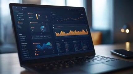 Computer displays data analysis charts and graphs on a laptop screen