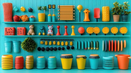 Colorful toy collection on teal shelves against wood