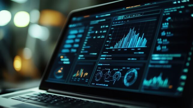 A laptop displays various data graphs with illuminated interfaces and data