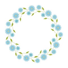Beautiful round frame with wildflowers. Simple flat style. Bright illustration for card, invitation card for wedding, birthday and other holiday and cute spring background.Vector illustration.