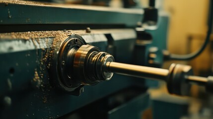 Naklejka premium A close up view of a metal lathe machine in operation