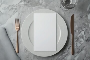 Elegant Restaurant Menu Mockup Blank Card on Plate with Rose Gold Cutlery on Marble