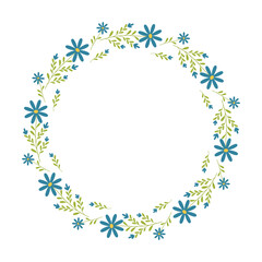 Beautiful round frame with wildflowers. Simple flat style. Bright illustration for card, invitation card for wedding, birthday and other holiday and cute spring background.Vector illustration.