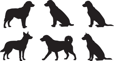 Dog silhouette vector icon set. Dog in various poses, activities like jumping, sitting, happy playful running, playing, standing. Animals and home pets, puppy vector icon, simple vector illustration.