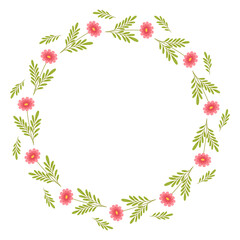 Beautiful round frame with wildflowers. Simple flat style. Bright illustration for card, invitation card for wedding, birthday and other holiday and cute spring background.Vector illustration.