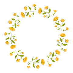 Beautiful round frame with wildflowers. Simple flat style. Bright illustration for card, invitation card for wedding, birthday and other holiday and cute spring background.Vector illustration.