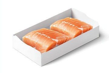 Fresh Salmon Fillets in White Cardboard Box, Top View, Food Packaging