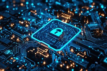 glowing lock on a circuit board symbolizing data security, protection, and technological advancement