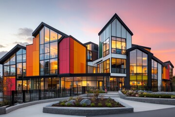 Obraz premium A modern educational facility with bright, angular architecture, large glass panels, and colorful accents on the exterior