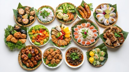 Fototapeta premium Assortment of delectable food items showcasing culinary richness at a traditional vietnamese wedding celebration