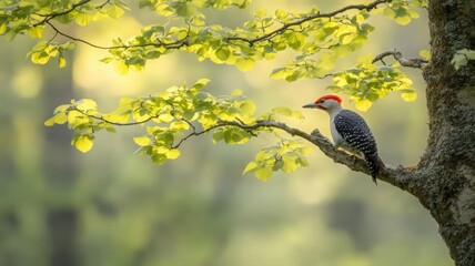 Fototapeta premium Red Headed Woodpecker on Tree Branch in Sunlight