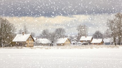 Naklejka premium Snowy Village Landscape: Winter Wonderland in a Picturesque Rural Setting