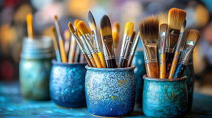 Fototapeta premium Artistic Brushes in Ceramic Jars on a Creative Studio Table