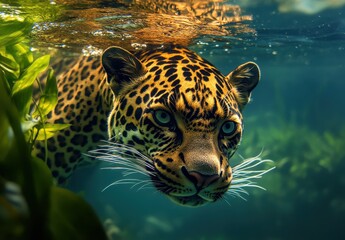 Majestic Leopard Swimming Underwater Surrounded by Lush Greenery Showcasing Stunning Fur Pattern and Intense Blue Eyes in Captivating Aquatic Environment