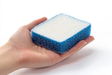 Hand holding a blue and white cleaning sponge on white background