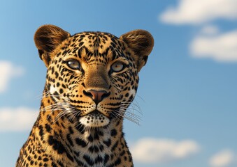 Fototapeta premium Majestic Leopard Under Bright Blue Sky with Clouds, Detailed Fur Patterns Emphasizing Natural Beauty, Wildlife Portrait for Nature Photography Enthusiasts