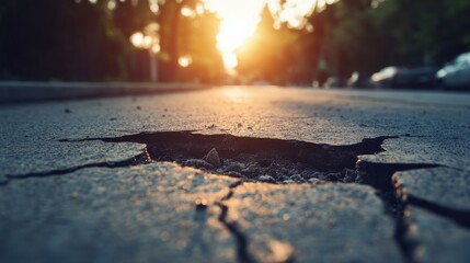 Sunlit Cracked Road with Dense Trees and Flare of Sunset Glow