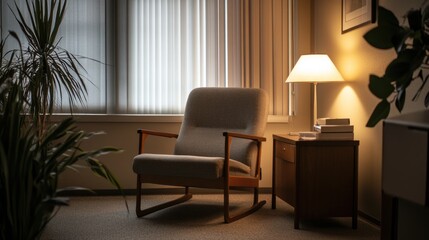 Inviting therapist's office featuring a comfortable chair and warm lighting setting