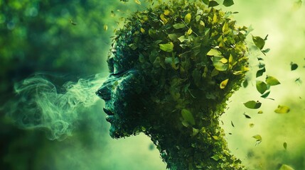 Ethereal Woman Formed of Leaves and Nature Elements Emanating a Serene Aura in a Lush Green Environment
