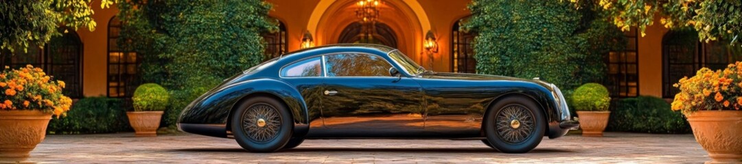 Fototapeta premium Vintage Car with Elegant Lines in Front of a Luxurious Mansion. Generative AI