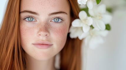 Naklejka premium Portrait of redhead freckles with girl and white flowers