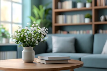 Cozy living room, white flowers, books on table