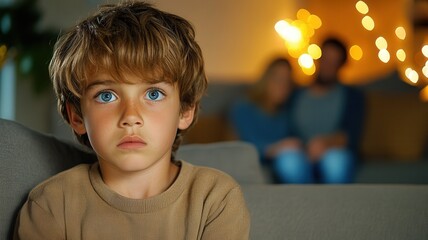 Sad child feeling lonely while parents on arguing background