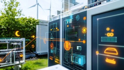 Obraz premium Smart Grid System: Monitoring Renewable Energy Sources and Efficient Power Distribution for Sustainable Living