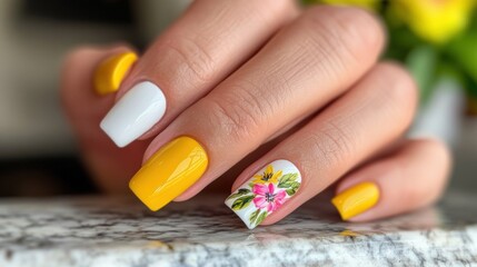 Colorful nail art showcases bright yellow and white polish, with a floral design on one accent nail, displayed on a marble surface