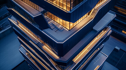 This futuristic corporate tower features floating geometric segments, each level equipped with brightly lit terraces that wrap around navy blue facades