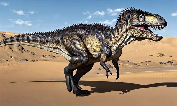 A digitally rendered carnivorous dinosaur, with spiked back, stands in a desert landscape.