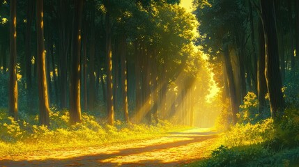 Obraz premium Sunlit Forest Path: A Golden Hour Escape