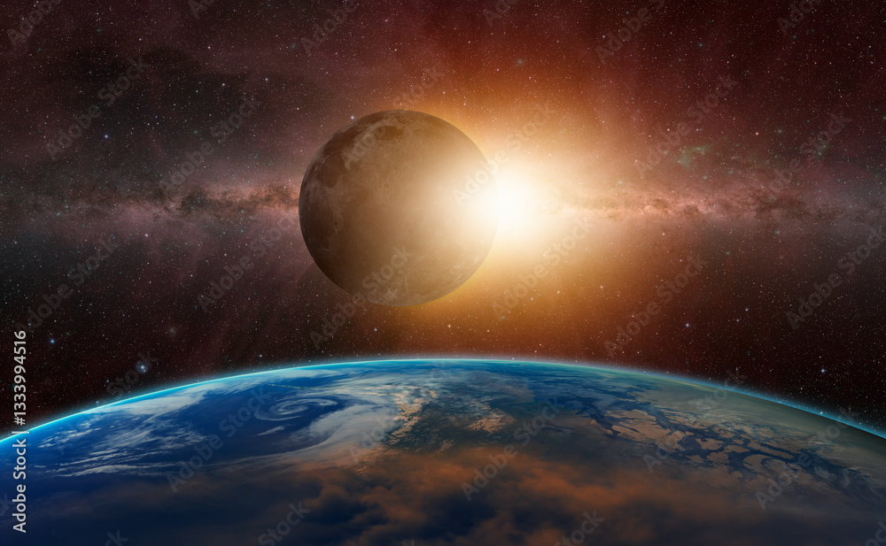 Poster solar eclipse over the planet earth 