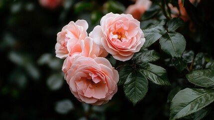 Delicate peach roses in a garden setting. Close-up of three blossoms with soft, peachy hues, lush green foliage