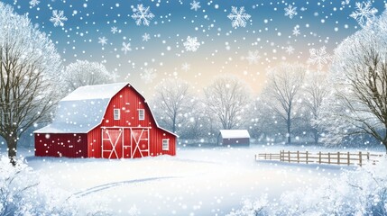 Snowy Winter Wonderland: A Red Barn in a Frozen Landscape
